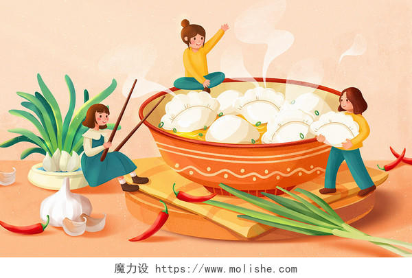 卡通手绘冬至节气吃饺子美食人物插画卡通冬至插画